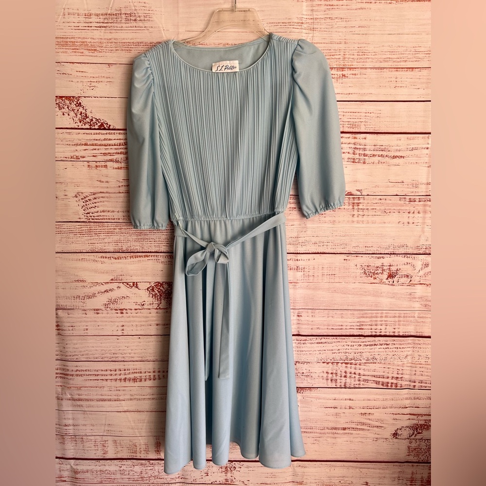 S.L.‎ PETITES Vintage Puff 3/4 Sleeve Tie Waist Baby Blue Dress Women's Size 8P